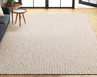 HouseOfDecor - Hand-Woven Chunky Wool and Jute Rug, Ivory & Natural, Stripes, Runner, Living, Bedroom Rug