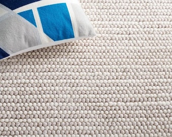 HouseOfDecor - Handwoven Chunky Wool Area Rug, Ivory/Off-White & Textured Beige, Striped Loops