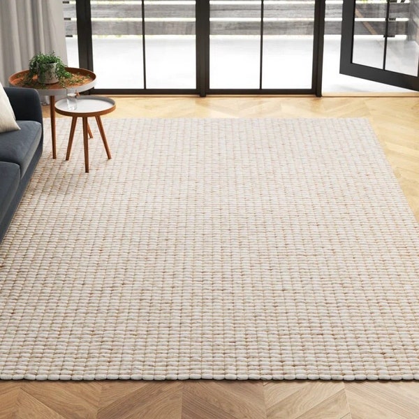 HouseOfDecor - Hand-Woven Chunky Wool and Jute Rug, Ivory & Natural, Stripes, Runner, Living, Bedroom Rug