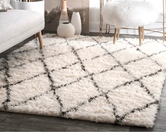 Diamond Monochrome - Handwoven Wool Area Rug, Ivory/Off White & Black, Geometric Diamonds