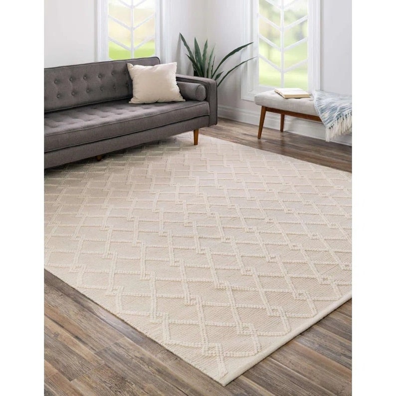 Ethereal Symmetry - Handwoven Wool Area Rug, Ivory/off-white, Geometric ...