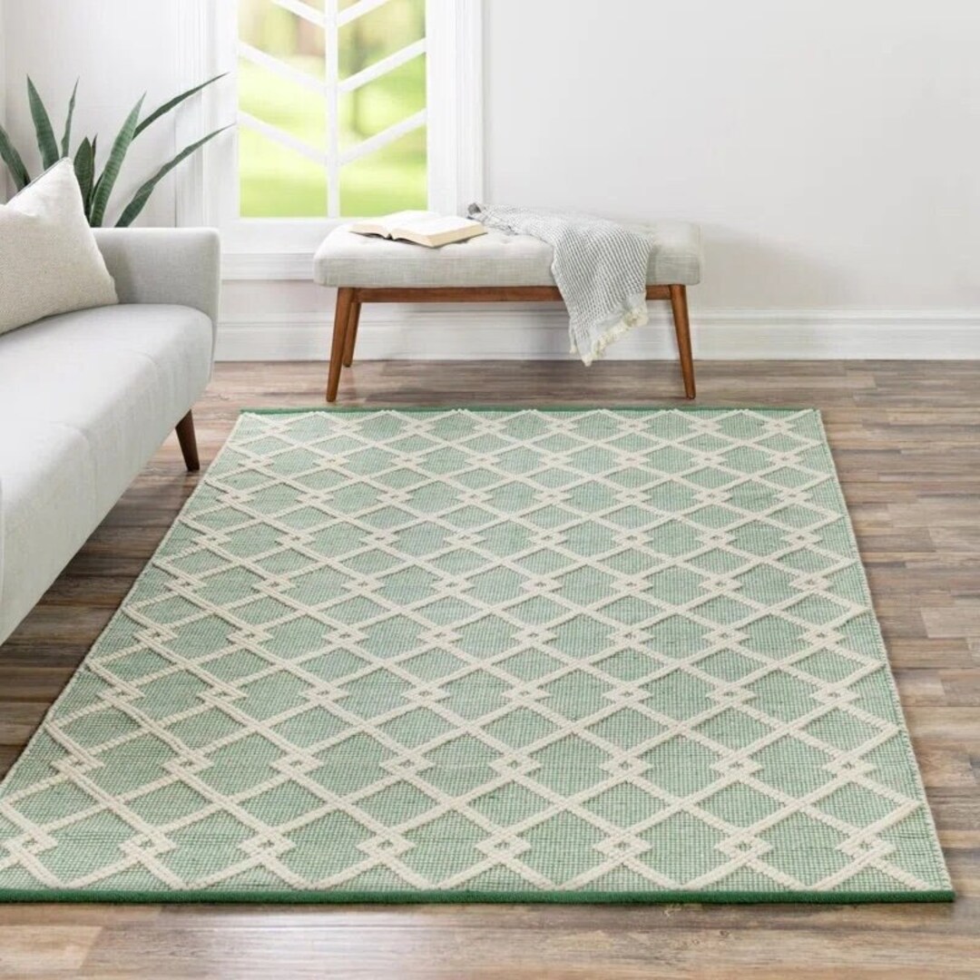 Verdant Symmetry - Handwoven Wool Area Rug, Ivory/off-white & Green ...