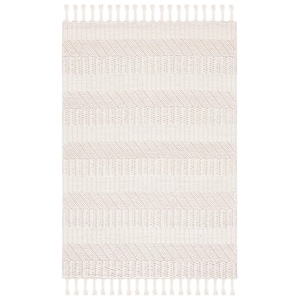 May include: A white and cream woven rug with a geometric pattern and fringe on the edges.