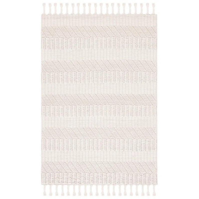 May include: A white and cream woven rug with a geometric pattern and fringe on the edges.