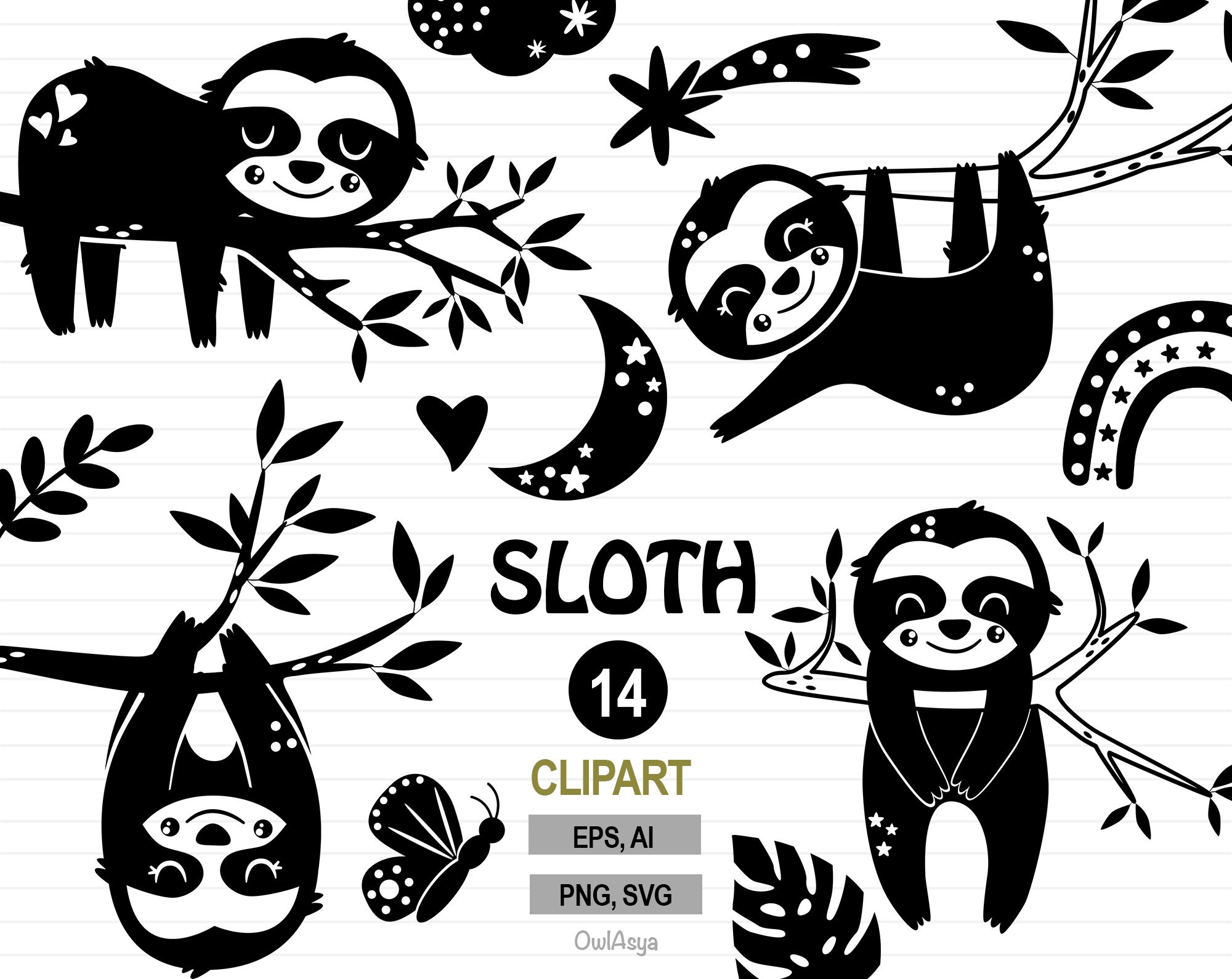 Sloth SVG, Black Sloth Clipart, Animal SVG, Rainbow Clipart, Hanging