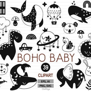 Clipart Boho, Boho baby svg, ícone de bebê preto, conjunto de clipart Boho, clipart Moon svg, arco-íris Boho svg, chá de bebê, animais Boho svg