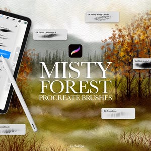 May include: A digital tablet displaying a Procreate brush library menu with a white stylus resting on the screen. The background features a forest landscape illustration with text reading MISTY FOREST PROCREATE BRUSHES and various brush stroke samples.