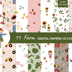 Farm Life Animals Digital Paper, Animals Seamless Pattern, Farm Printable, Scrapbook Papers, Digital Background, Cow Barn Duck, Baby Nursery