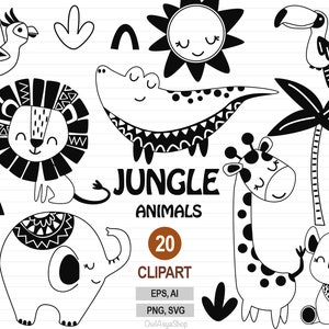 Jungle animals svg, Safari clipart, Zoo animals, Kids clipart, Tropical svg, Doodle animals, Black & White, Woodland animals, Commercial Use