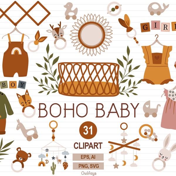 Boho Baby Clipart, Newborn SVG, Baby Shower Clipart, Boho Toys PNG, Baby Stuff, Bohemian Nursery, Baby Clothes, Newborn Baby Printable