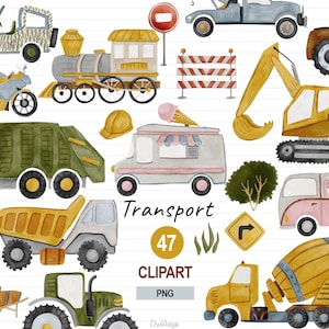 Aquarel transport PNG, voertuigen clipart, aquarel constructie, vrachtwagen decor print, scrapbooking png, decor van de kwekerij, digitale DOWNLOAD