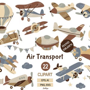 Hand Drawn Air Transport Clipart, Vintage Nursery SVG, Plane Vector SVG, Retro Aircraft PNG, Retro  Clipart, Baby Boy Airplane, Scrapbooking