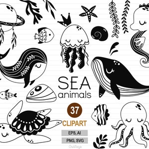 Puede incluir: Conjunto de 37 animales marinos en blanco y negro.  Incluye una ballena, un pulpo, un caballito de mar, una tortuga, una medusa y más.  El texto "SEA animals" y "37 CLIPART" está incluido en la imagen.