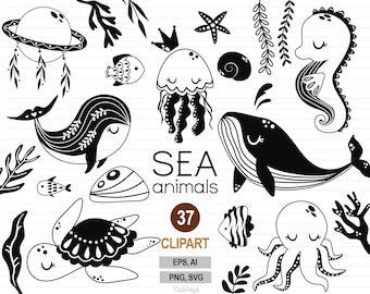 Ozean Tiere SVG, Schwarzmeer Tiere Clipart, Doodle Wal PNG, Leben im Meer, Unterwasser Clipart, schwarze Fische Bündel, nautisch, kommerzielle Nutzung