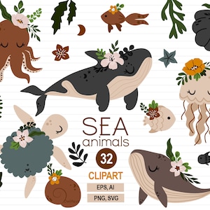 Clipart de animales marinos, vida marina floral PNG, animales del océano SVG, imágenes prediseñadas de vivero Boho, niño bebé náutico PNG, pulpo, ballena, estrella de mar, tortuga
