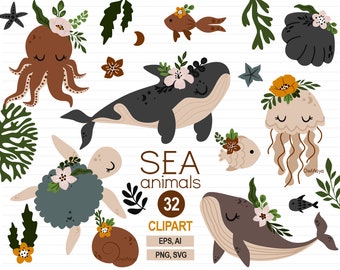 Sea animals clipart, Floral sea life PNG, Ocean animals SVG, Boho Nursery clipart, Nautical baby kid PNG, Octopus, Whale, Starfish, Turtle