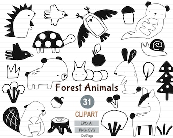 Imágenes prediseñadas de animales del bosque, animales del bosque, animales de línea negra SVG, decoración de guardería, bosque vectorial, zorro, oso, caracol, erizo, castor, búho