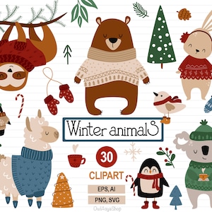 Animali invernali SVG, Clipart invernali accoglienti, Animali boho PNG, Animali del bosco PNG, Clipart delle vacanze, Set scandinavo, Uso commerciale