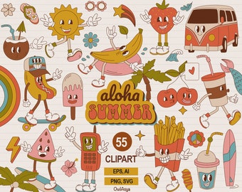 Retro Summer Clipart, Groovy Characters SVG, Hippie Elements PNG, 70s, 80s, Cartoon, Y2K, Daisy Smiley Face, Nostálgico, Sublimación de playa