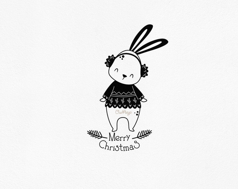 K&ouml;nnte beinhalten: Schwarz-wei&szlig;-Illustration eines Kaninchens, das einen Pullover und Ohrensch&uuml;tzer tr&auml;gt, mit dem Text "Merry Christmas" darunter.
