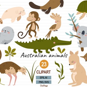Australische Tiere SVG, Wildtiere Clipart, Koala PNG, Känguru Clipart, Australien SVG, Kinderzimmer druckbar, Baby-Dusche, Vektortiere