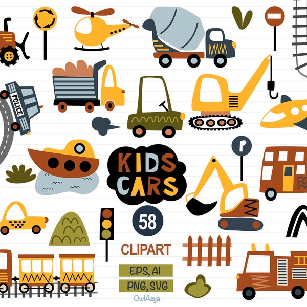 Bundle de voiture SVG, Clipart de transport, camion PNG, voitures de garçons de bébé, Clipart Auto, décor de pépinière, bébé imprimable, voiture pour enfants, usage Commercial