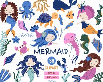 Sjöjungfru Clipart, Undervattensdjur, Sjöjungfru SVG, Havssköldpadda, Havsliv svg, Nautisk Clipart, Havsdjur, Sjöjungfruvektor Illustration