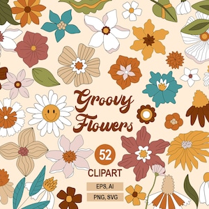 Groovy Blumen Clipart, 70er Jahre Boho Blumen SVG, Groovy Boho Clip Art, Botanische Blume, Logo-Elemente, individuelle PNG, Good Vibes Clip Art