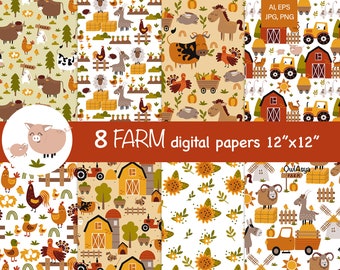 Farm Animals Digital Paper, Animal Seamless Pattern, Farm Background, Farm Scrapbook, Funny Animal Paper, Farm Yard, Transportation Pattern