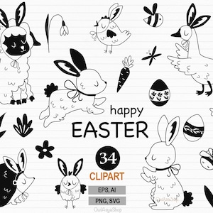 Schwarzes Ostern svg, Osterkaninchen svg, Osterküken svg, Line Lamm, Frühlingsbündel, Gans png, Doodle Ostern, Bauernhof Tiere Clipart