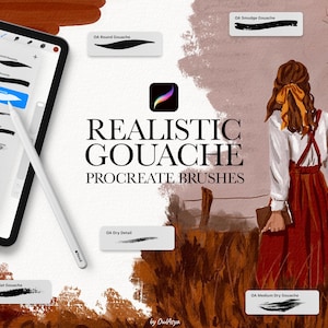 Op de afbeelding: Illustratie die reclame maakt voor "Realistic Gouache Procreate Brushes". De afbeelding toont een tablet met een stylus, voorbeelden van penseelstreken en een vrouw in een rode jurk. Tekst bevat "Realistic Gouache Procreate Brushes."