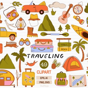 Traveling SVG, Summer Travel Clipart, Tourism Icon Vector SVG, Vacation Stickers, Travel Scrapbook, Camping Clipart, Adventure PNG, Journey