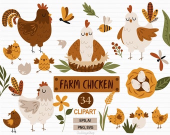 Farm chicken svg, Easter clipart, Boho easter clipart, Cute chick PNG, Rooster svg, Boho chicken, Easter bundle, Egg clipart, Commercial use