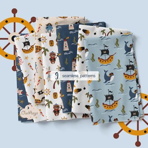 Pirate Animals Digital Paper, Pirate Seamless Pattern, Sea Life ...