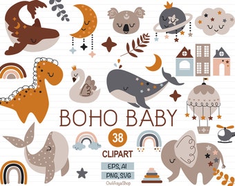 May include: A set of 38 boho baby clip art illustrations featuring a variety of animals, including a whale, a giraffe, a swan, a koala, and an elephant. The illustrations are in a muted color palette of brown, beige, and blue, with accents of pink and orange. The illustrations are perfect for creating invitations, cards, and other crafts.