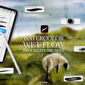 ウェットフロー水彩画 Procreate ブラシ、ウェットオンウェット、Procreate 用ペイントキット、iPad 用水彩画ブラシ、水彩画キャンバス、デジタルダウンロード