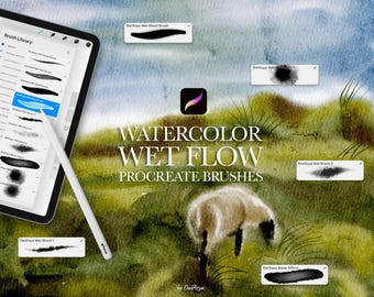 Wet Flow Watercolor Procreate Brushes, Wet on Wet, Painting Kit for Procreate, iPad Watercolor Brushes, Watercolor Canvas, Digital Download