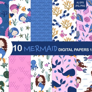 Mermaid Digital Paper, Sea Animals Pattern, Underwater Scrapbook, Mermaid Printable, Whale Paper, Mermaid Pattern, Nautical Paper