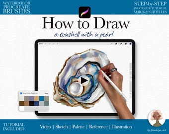 Procreate-tutorial aquarel schelp met parel – stapsgewijze video met voice-over, schets en kleurenpalet inbegrepen, cursus aquarel