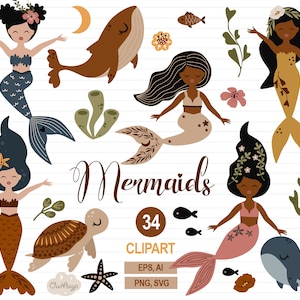 Clipart de sirène, animaux sous-marins, sirène mignonne PNG, tortue de mer, baleine SVG, clipart Boho, clipart animaux marins Boho, svg de la vie marine, art mural