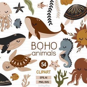 Ocean animals svg, Boho sea animals clipart, Boho whale svg, Sea life svg, Nursery wall art, Boho moon, Fish clipart, Commercial Use