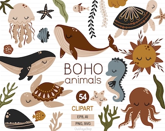 Ocean animals svg, Boho sea animals clipart, Boho whale svg, Sea life svg, Nursery wall art, Boho moon, Fish clipart, Commercial Use