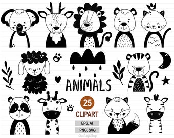 Tiere Clipart, Schwarzes Tier svg, Skandinavische Tiere, Baby Tiere svg, Löwe, Giraffe, Koala, Tierkopf Clipart, Kommerzielle Nutzung