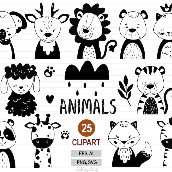 Animals clipart, Black animal svg, Scandinavian animals, Baby animals svg, Lion, Giraffe,  Koala, Animal head clipart, Commercial use