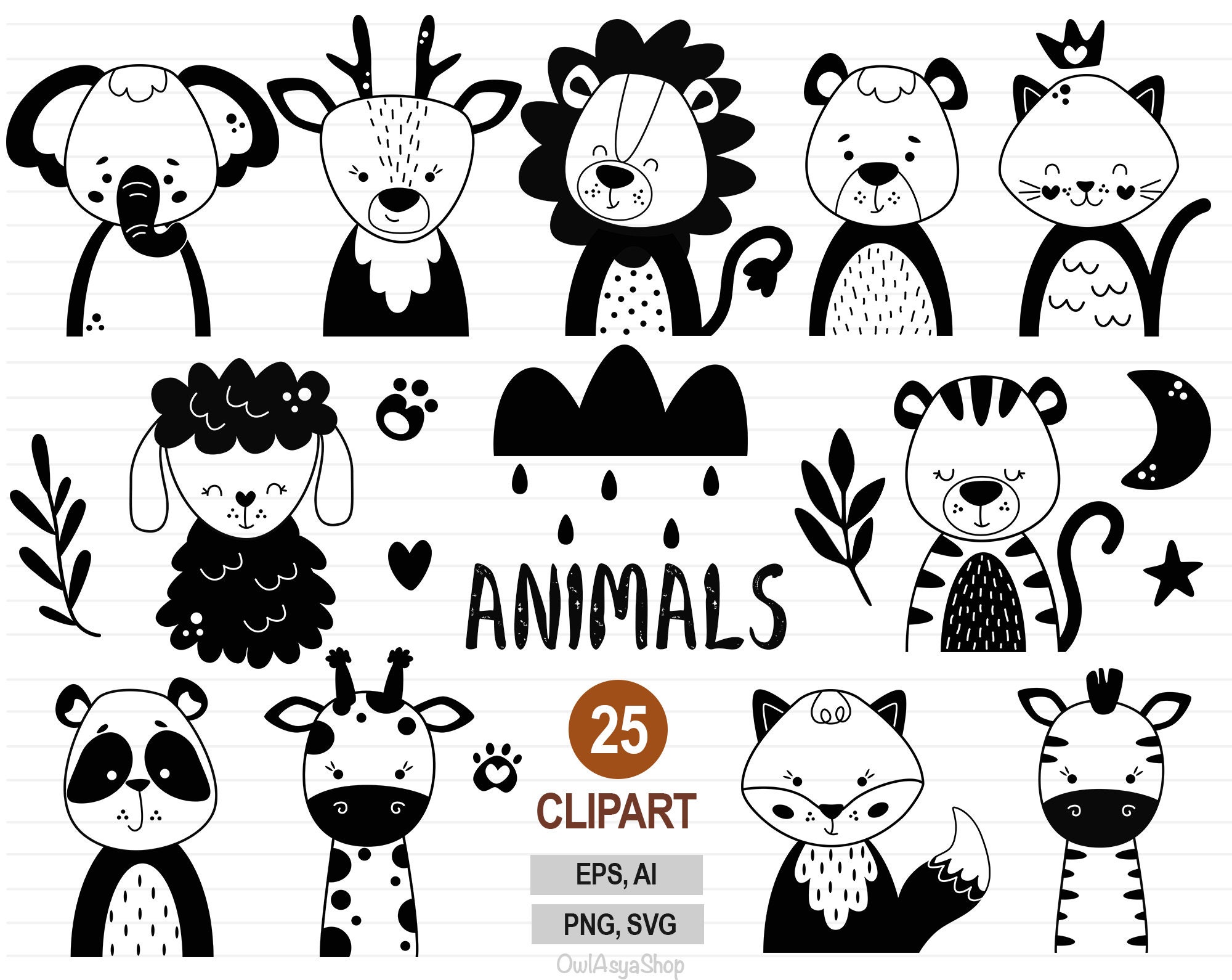 Animals Clipart, Black Animal Svg, Scandinavian Animals, Baby Animals