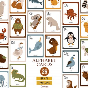 Cartes imprimables animaux de l'alphabet, cartes numériques, animaux PNG, art mural alphabet, apprentissage préscolaire, salle de classe, décoration de chambre d'enfant, cartes de zoo