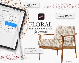 May include: A set of digital floral pattern brushes for Procreate, shown on a tablet screen and a chair with a floral pattern. The brushes are designed to create seamless patterns for use in digital art and design.