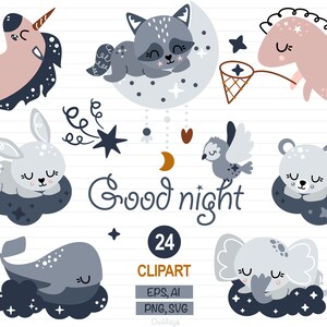 Buenas noches SVG, Clipart de animales, Luna PNG, Dulces sueños, Clipart de "Que duermas bien", Animales durmiendo, Imprimible para niños, Unicornio, Uso comercial