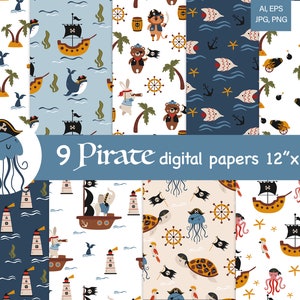Carta digitale con animali pirata, motivo pirata senza soluzione di continuità, stampabile con animali marini, album di ritagli con animali pirata, uso commerciale, decorazione murale con animali dell'oceano