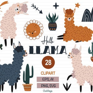Lhama SVG, Alpaca Clipart, Conjunto de vetores de lhama, Animal PNG, Boho Llama Clipart, Cactus SVG, Impressão suculenta, Decoração de berçário, Alpaca fofa